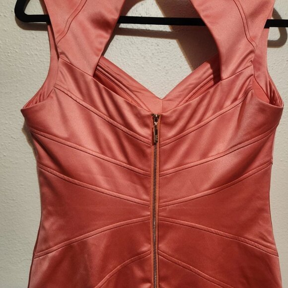 Satin Coral Bodycon Dress With Back Cutout Size 4 - Picture 7 of 13